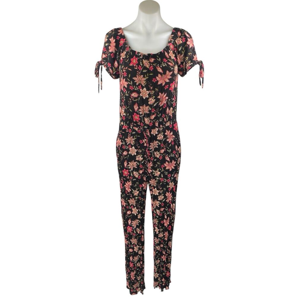 Xhilaration Multicolor Floral Short Puff Sleeve Scoop Neck Tie Jumpsuit Size S
